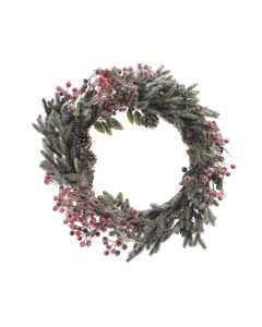 Kranz frosted mit rote Beeren und Kiefernzapfen Ø 60 cm