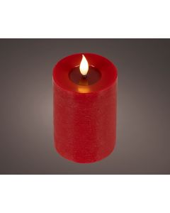 Rot LED Realistische, rustikale Wachskerze mit Docht und Flammeneffekt Ø 7.5 x H 13.5 cm