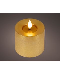 Gold LED Realistische, rustikale Wachskerze mit Docht und Flammeneffekt Ø 7.5 x H 9.5 cm