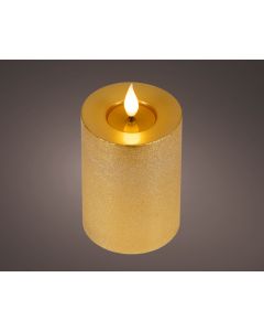 Gold LED Realistische, rustikale Wachskerze mit Docht und Flammeneffekt Ø 7.5 x H 13.5 cm